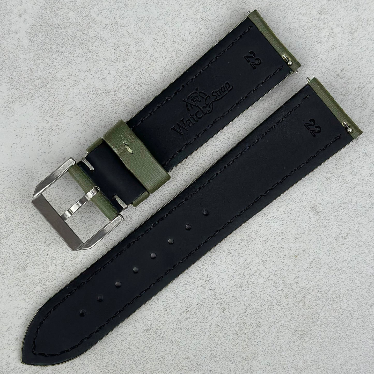 The Bermuda: Khaki Green Sail Cloth Watch Strap With Contrast Grey Stitching