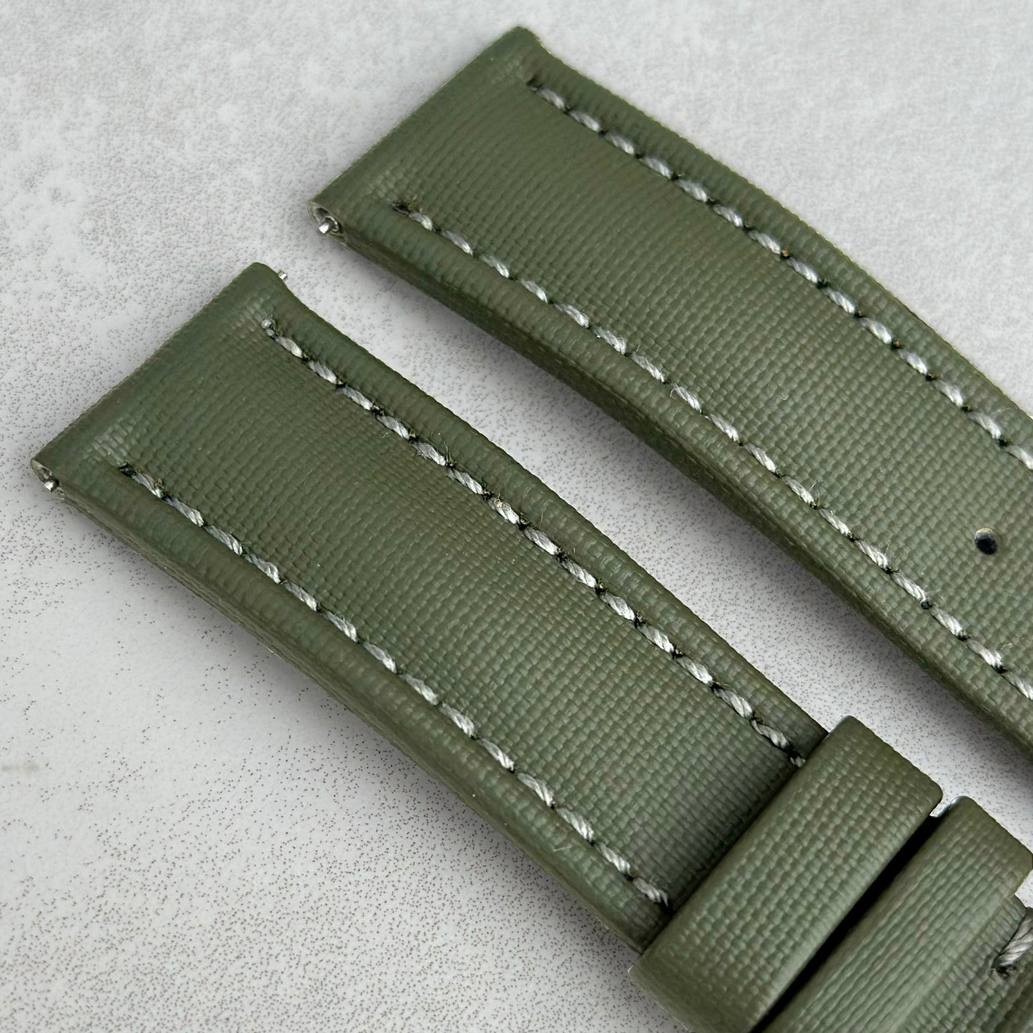 The Bermuda: Khaki Green Sail Cloth Watch Strap With Contrast Grey Stitching