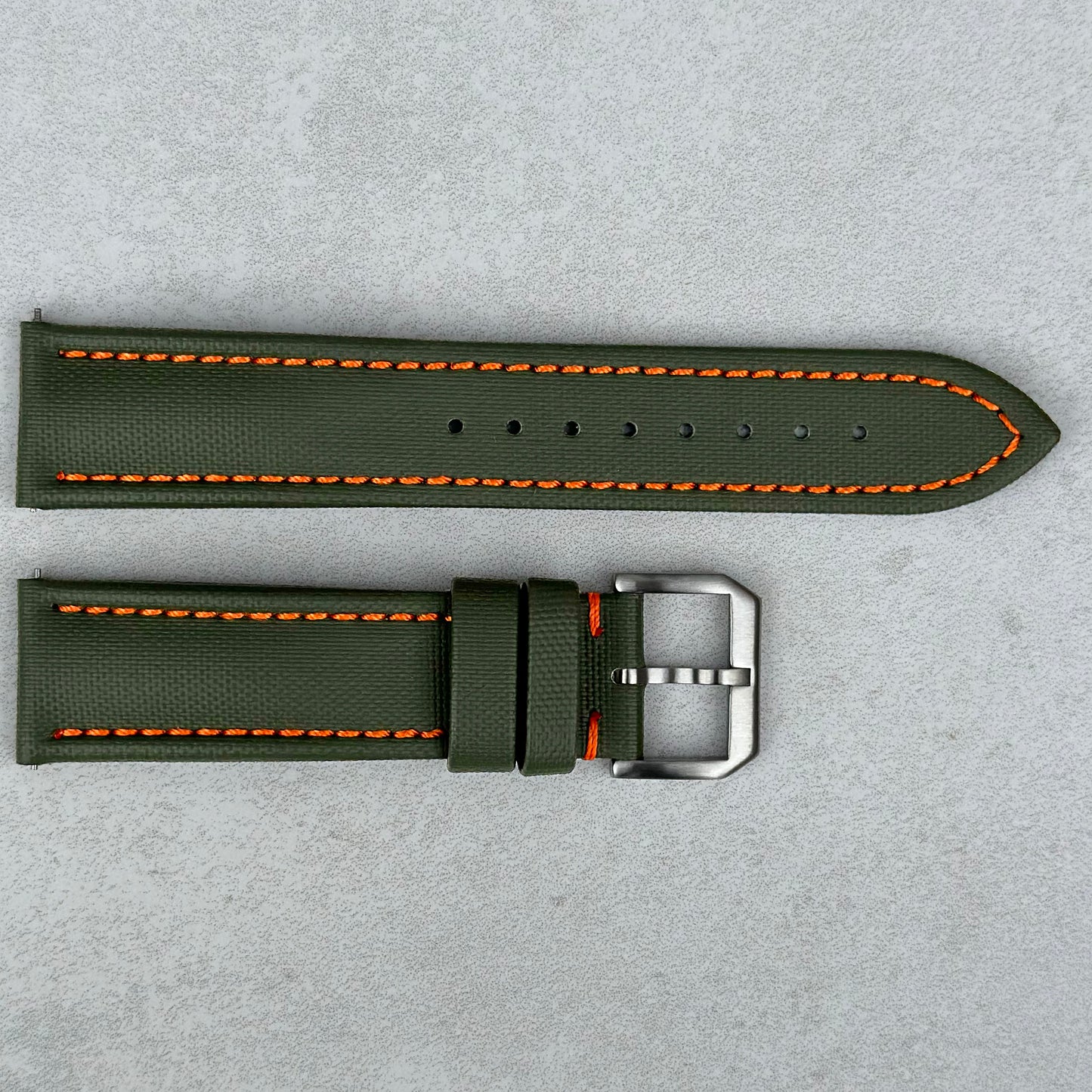 The Bermuda: Khaki Green Sail Cloth Watch Strap With Contrast Orange Stitching