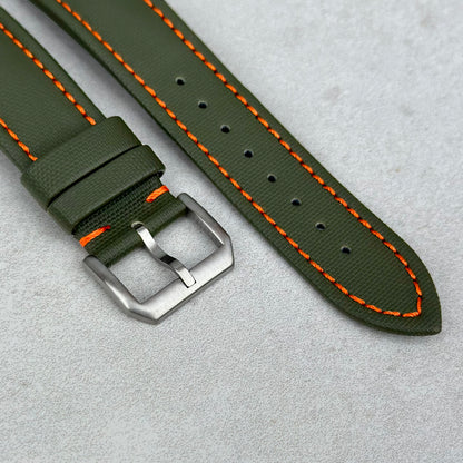 The Bermuda: Khaki Green Sail Cloth Watch Strap With Contrast Orange Stitching