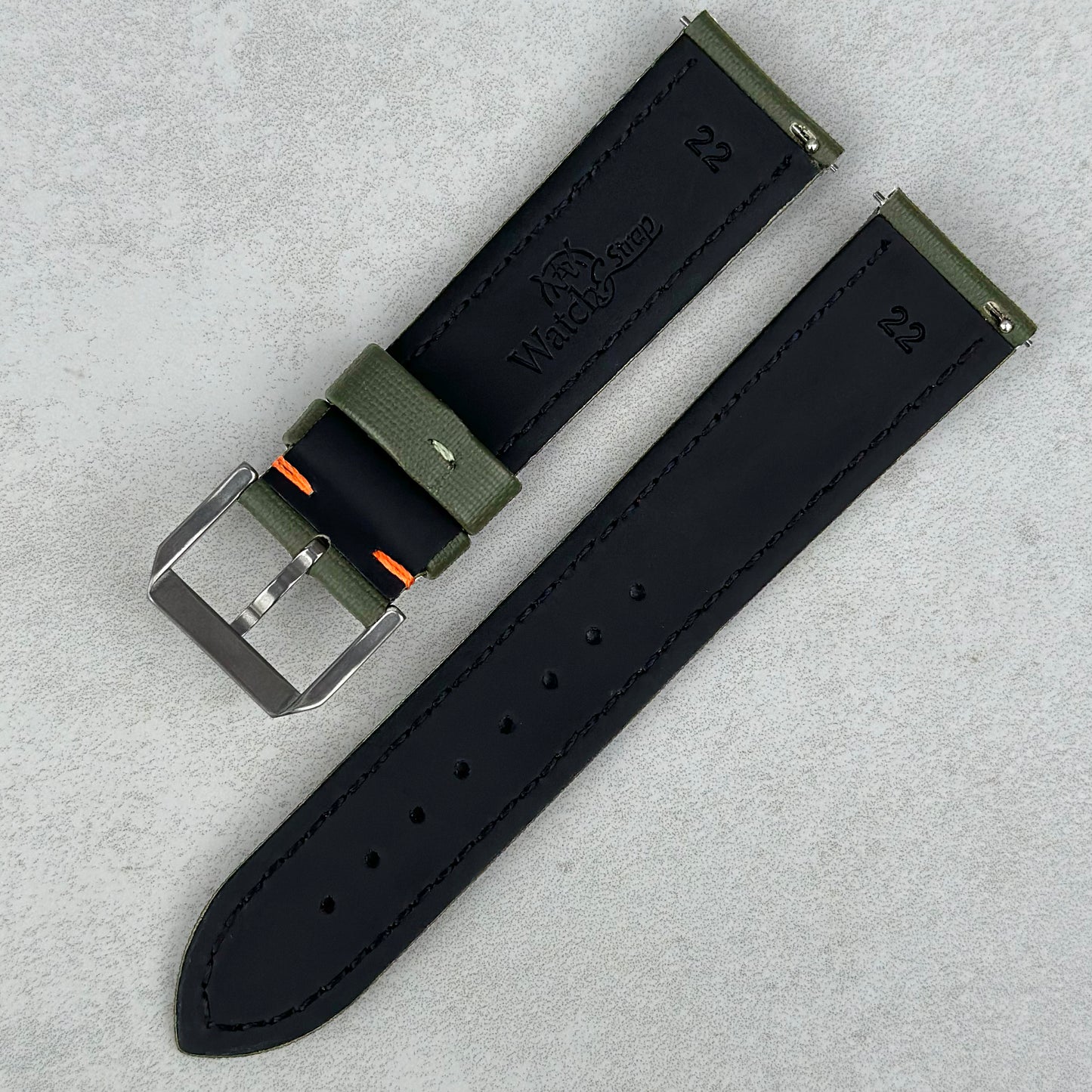 The Bermuda: Khaki Green Sail Cloth Watch Strap With Contrast Orange Stitching