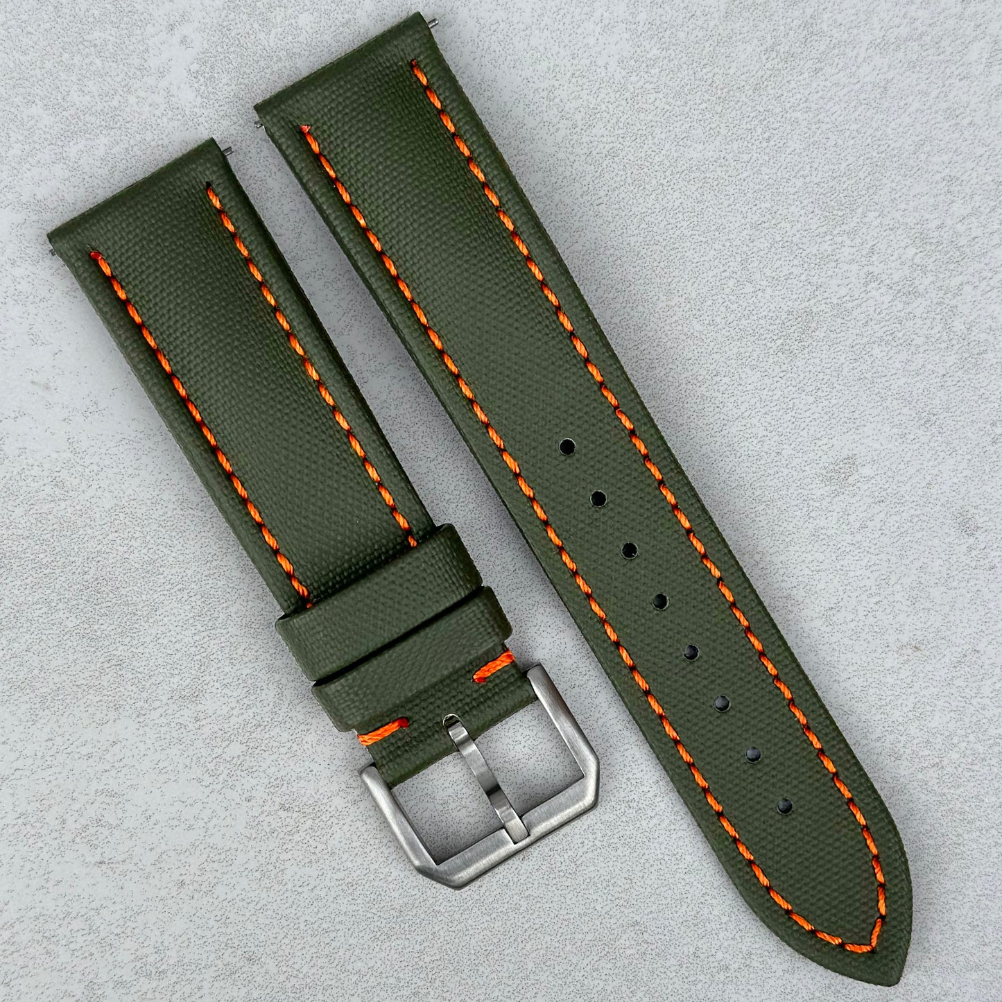 The Bermuda: Khaki Green Sail Cloth Watch Strap With Contrast Orange Stitching