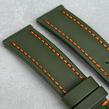 The Bermuda: Khaki Green Sail Cloth Watch Strap With Contrast Orange Stitching