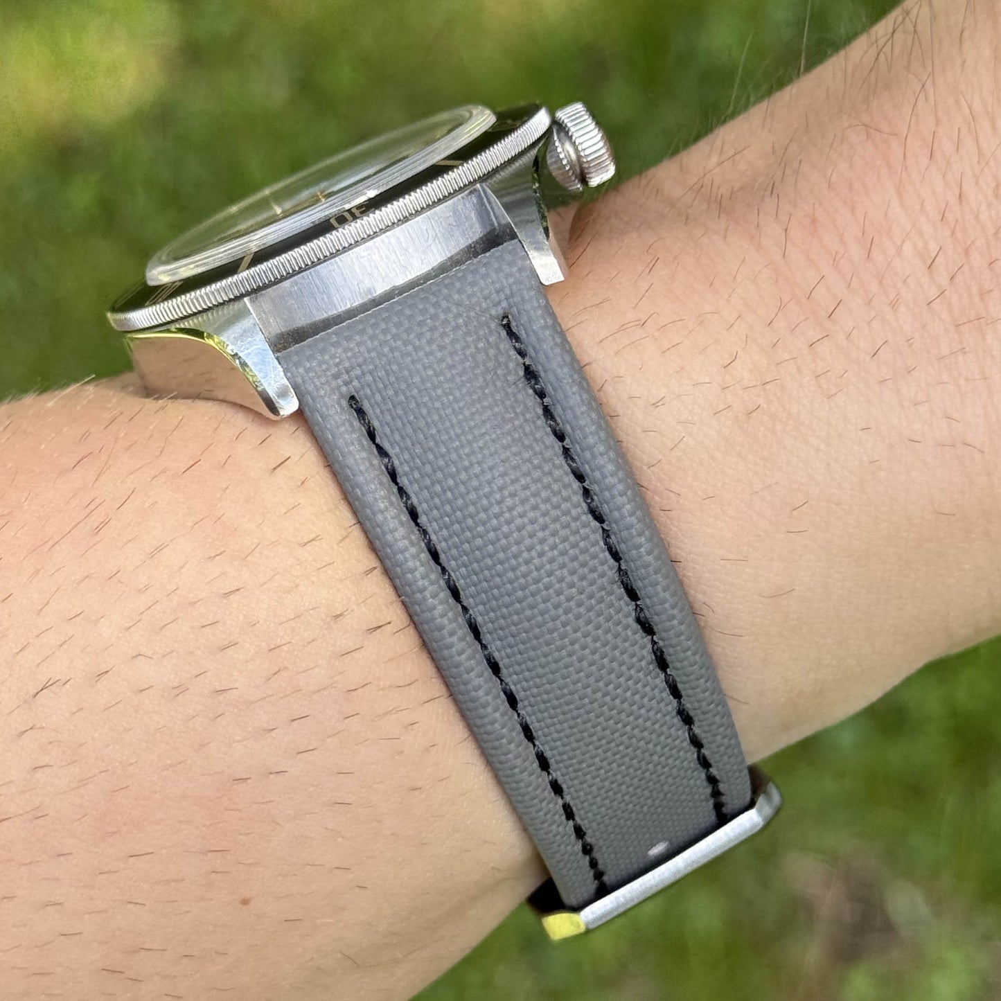The Bermuda: Grey Sail Cloth Watch Strap With Contrast Black Stitching