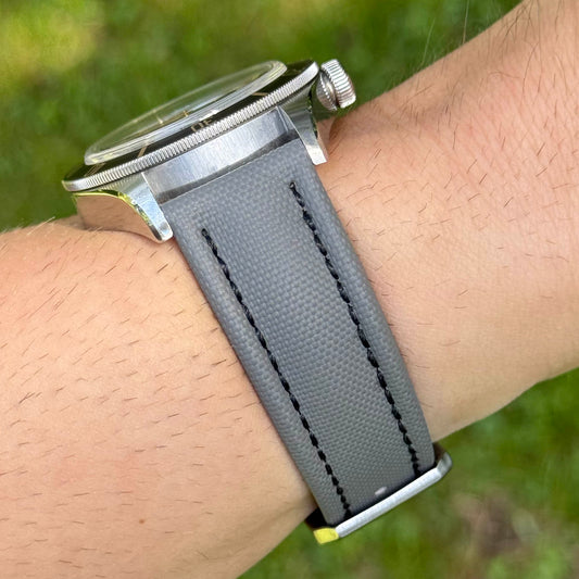 The Bermuda: Grey Sail Cloth Watch Strap With Contrast Black Stitching