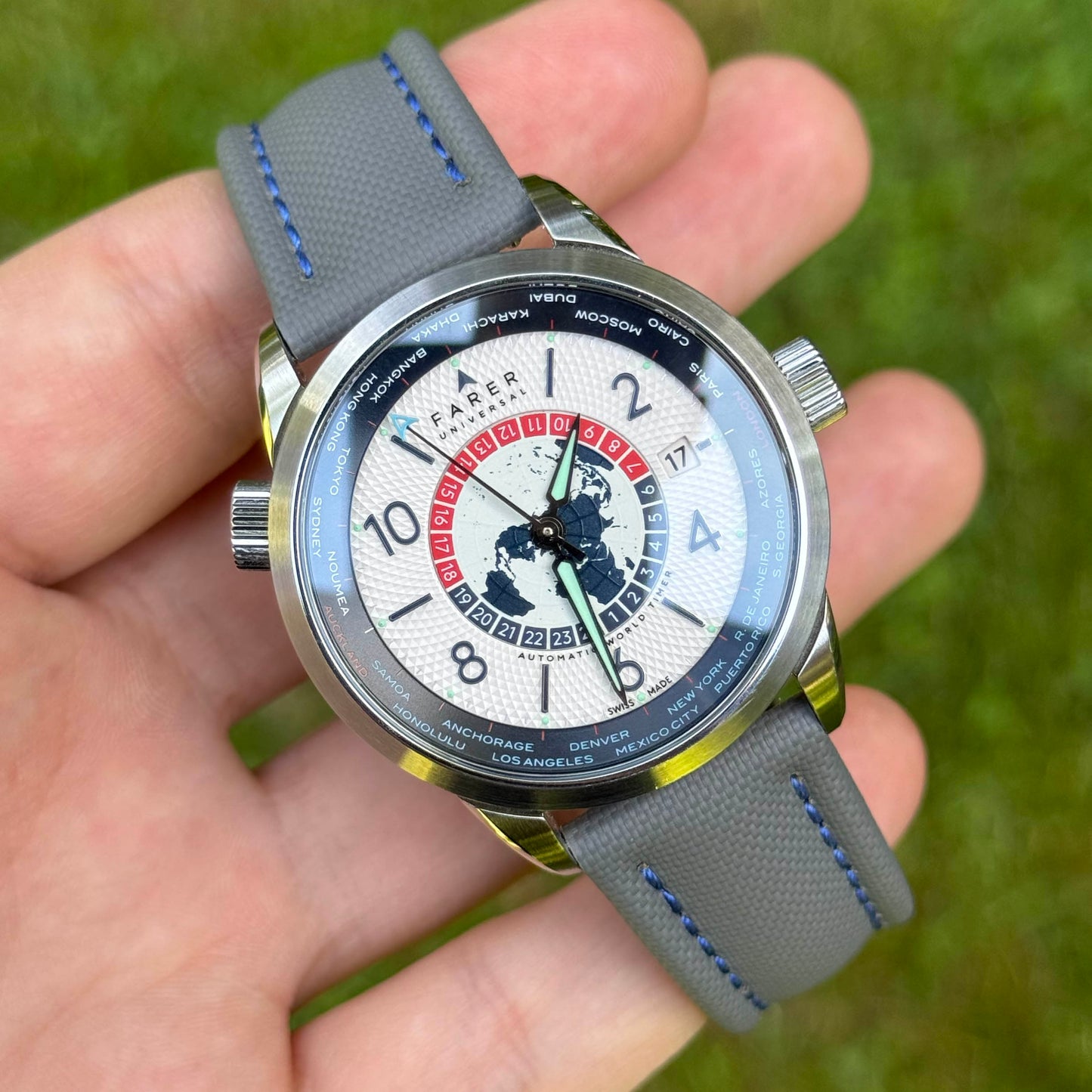 The Bermuda: Grey Sail Cloth Watch Strap With Contrast Blue Stitching