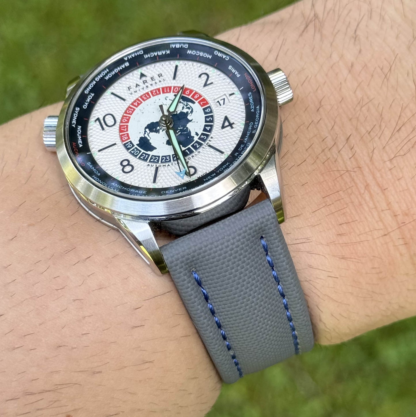 The Bermuda: Grey Sail Cloth Watch Strap With Contrast Blue Stitching