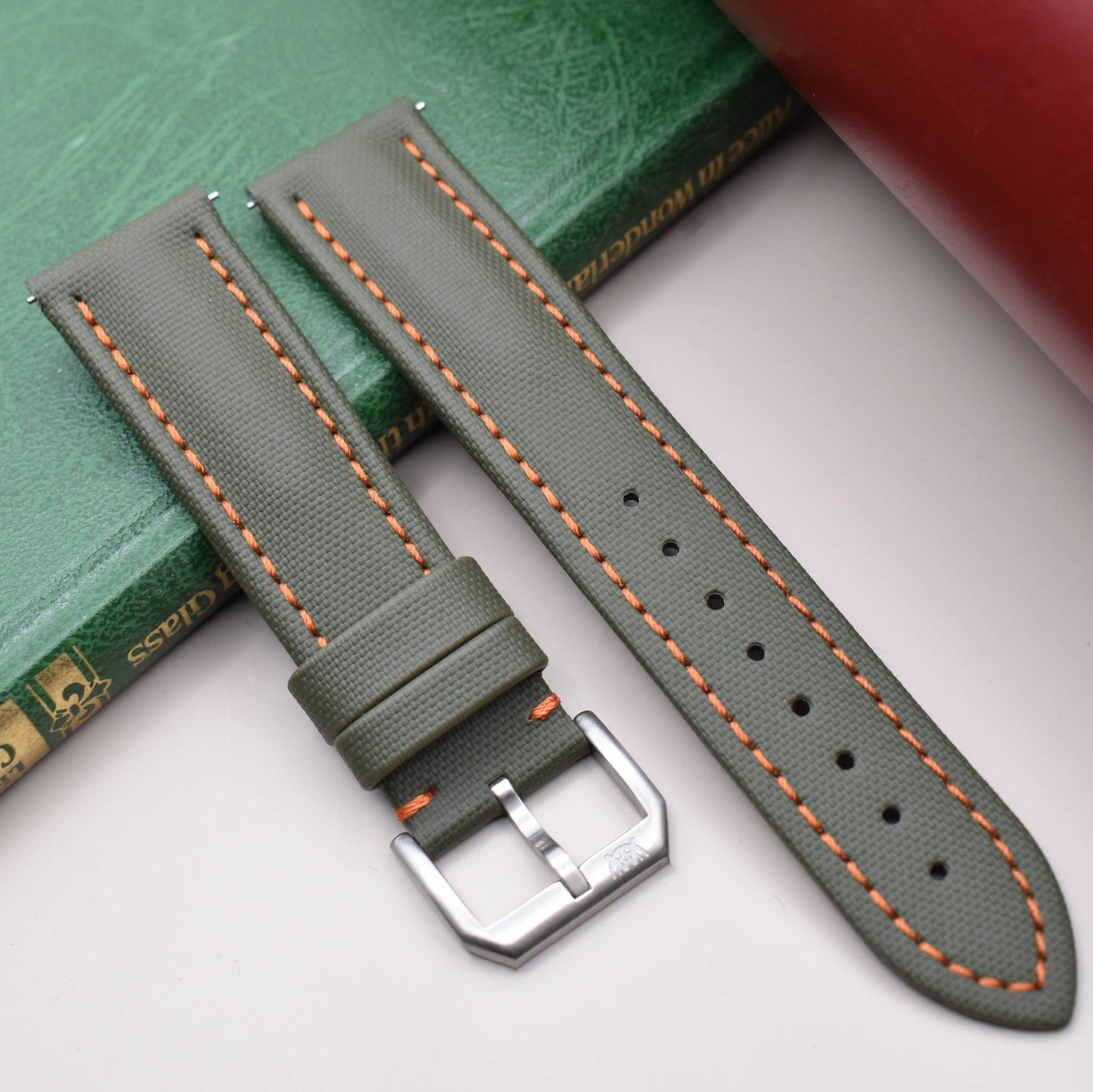 The Bermuda: Khaki Green Sail Cloth Watch Strap With Contrast Orange Stitching
