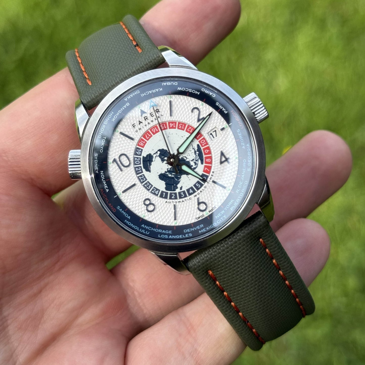 Bermuda khaki sailcloth watch strap with contrast orange stitching. 19mm, 20mm, 21mm, 22mm. Watch And Strap