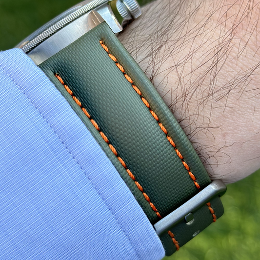 The Bermuda: Khaki Green Sail Cloth Apple Watch Strap With Contrast Orange Stitching