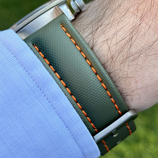 The Bermuda: Khaki Green Sail Cloth Apple Watch Strap With Contrast Orange Stitching