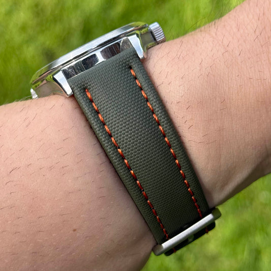 The Bermuda: Khaki Green Sail Cloth Watch Strap With Contrast Orange Stitching