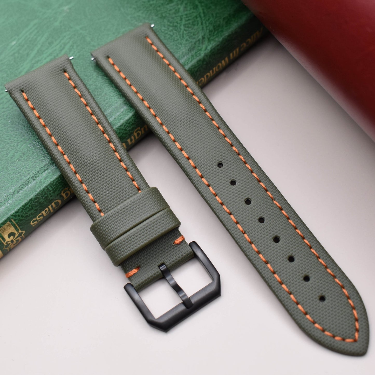 The Bermuda: Khaki Green Sail Cloth Watch Strap With Contrast Orange Stitching