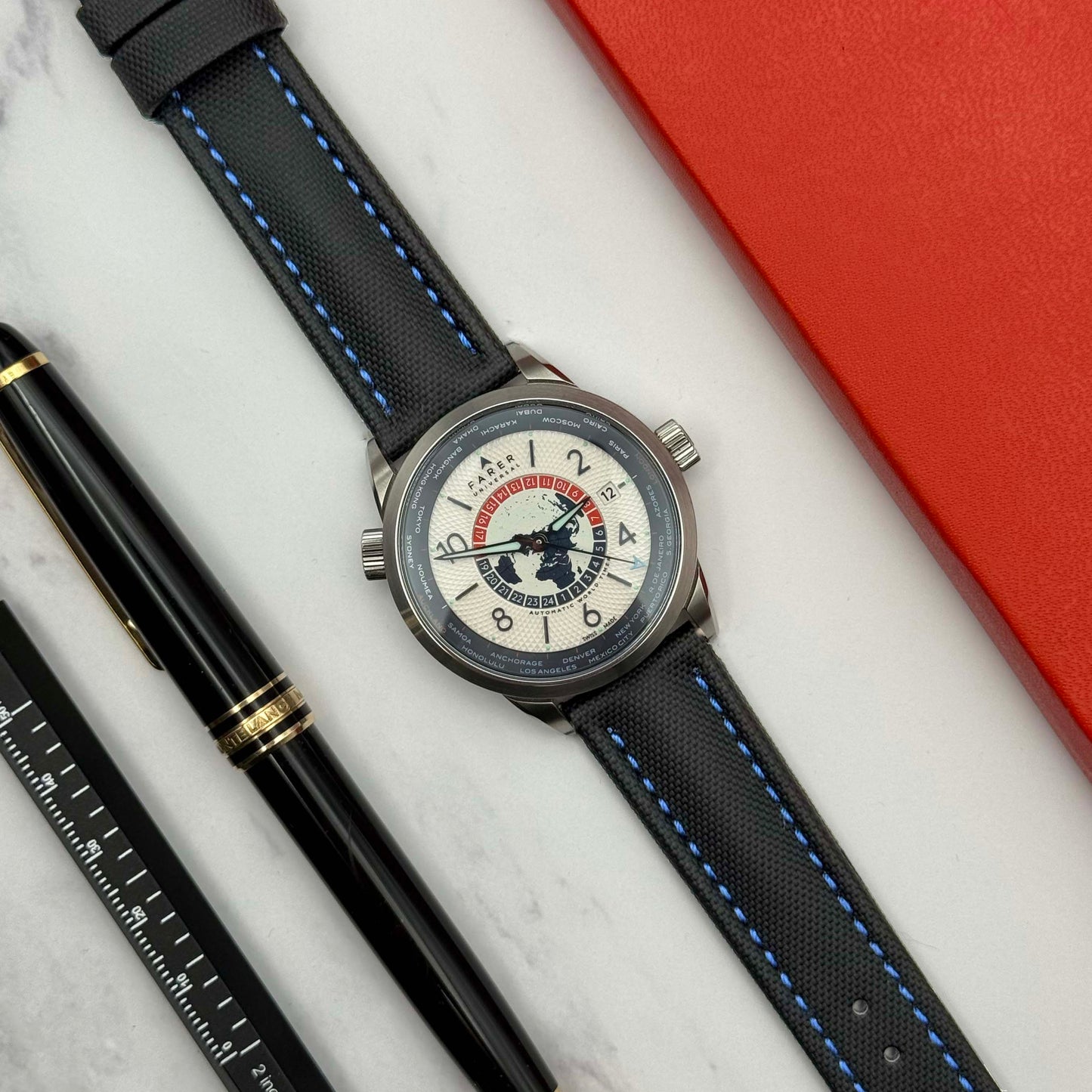 The Bermuda: Jet Black Sail Cloth Watch Strap With Contrast Blue Stitching