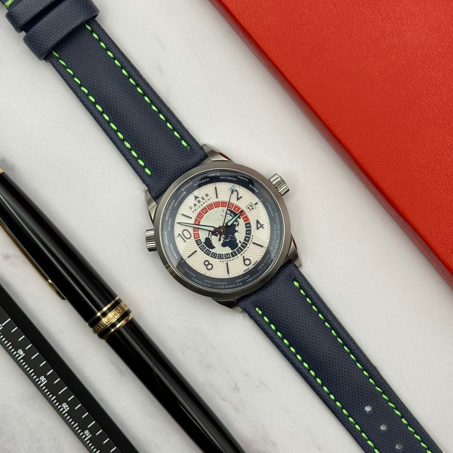 The Bermuda: Navy Blue Sail Cloth Watch Strap With Contrast Green Stitching