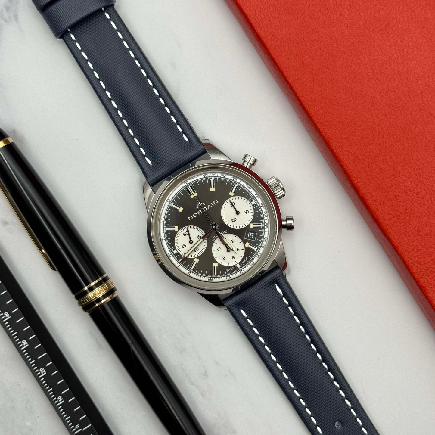 The Bermuda: Navy Blue Sail Cloth Watch Strap With Contrast White Stitching