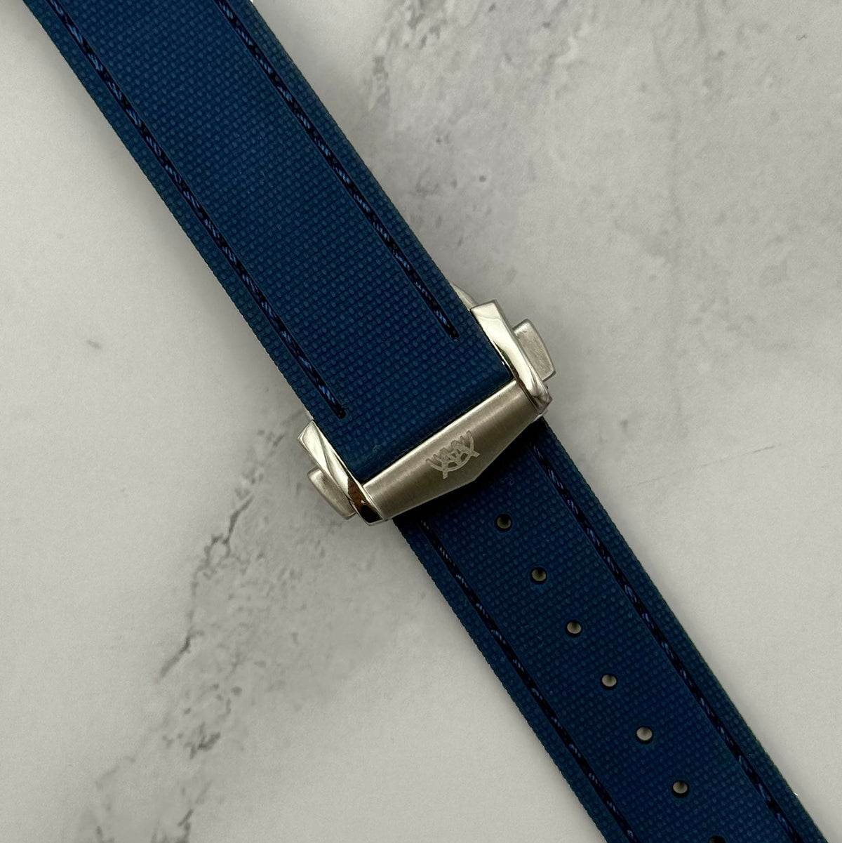 Navy blue FKM rubber watch strap. 316L stainless steel deployant clasp. Quick release pins. 20mm, 22mm.