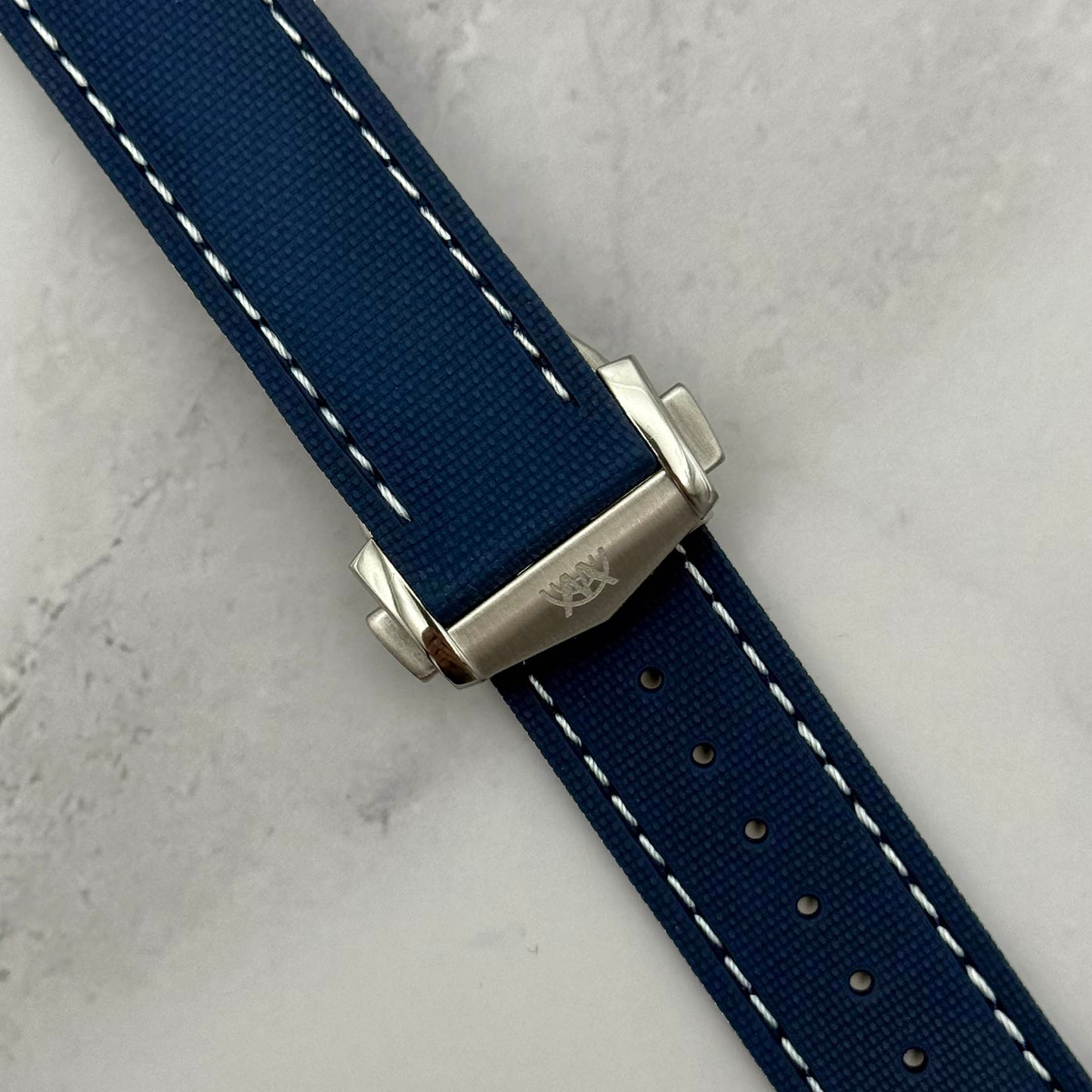 The Charleston: Blue And White Sailcloth Effect FKM Rubber Deployant Strap