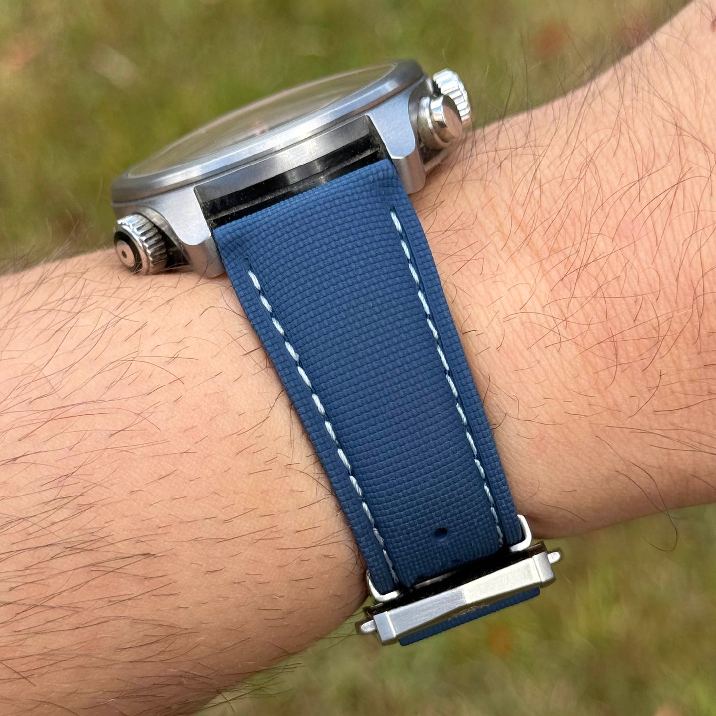 The Charleston: Blue And White Sailcloth Effect FKM Rubber Deployant Strap
