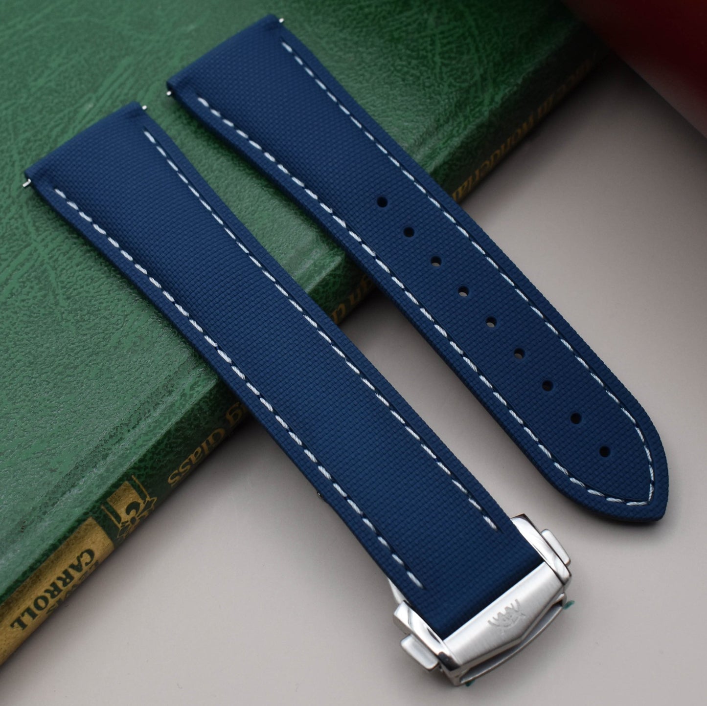 The Charleston: Blue And White Sailcloth Effect FKM Rubber Deployant Strap