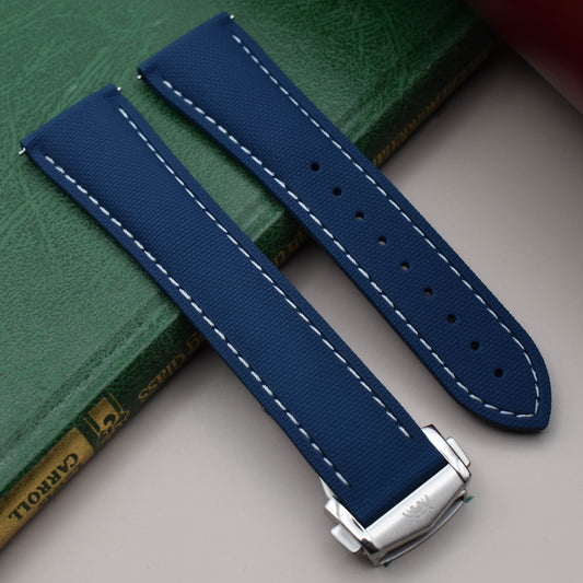 The Charleston: Blue And White Sailcloth Effect FKM Rubber Deployant Strap