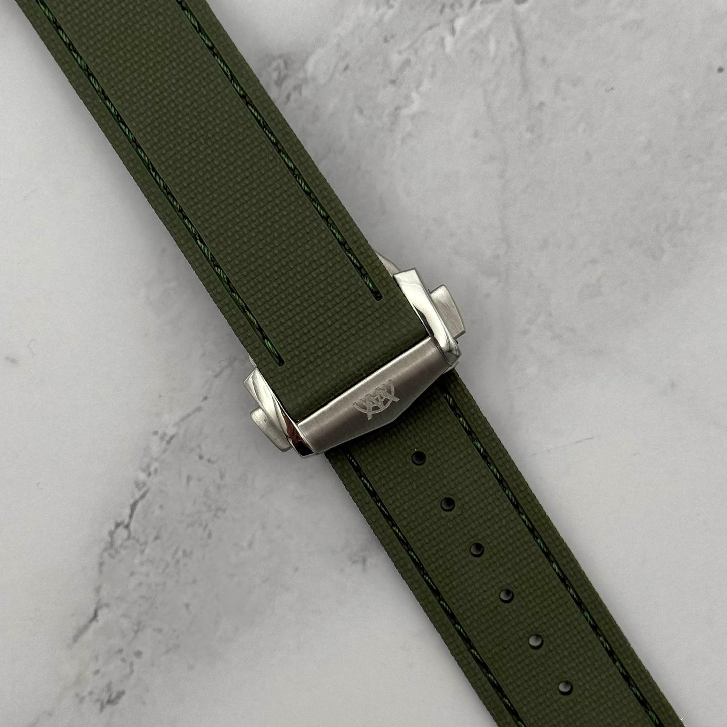 The Charleston: Khaki Green Sailcloth Effect FKM Rubber Deployant Strap