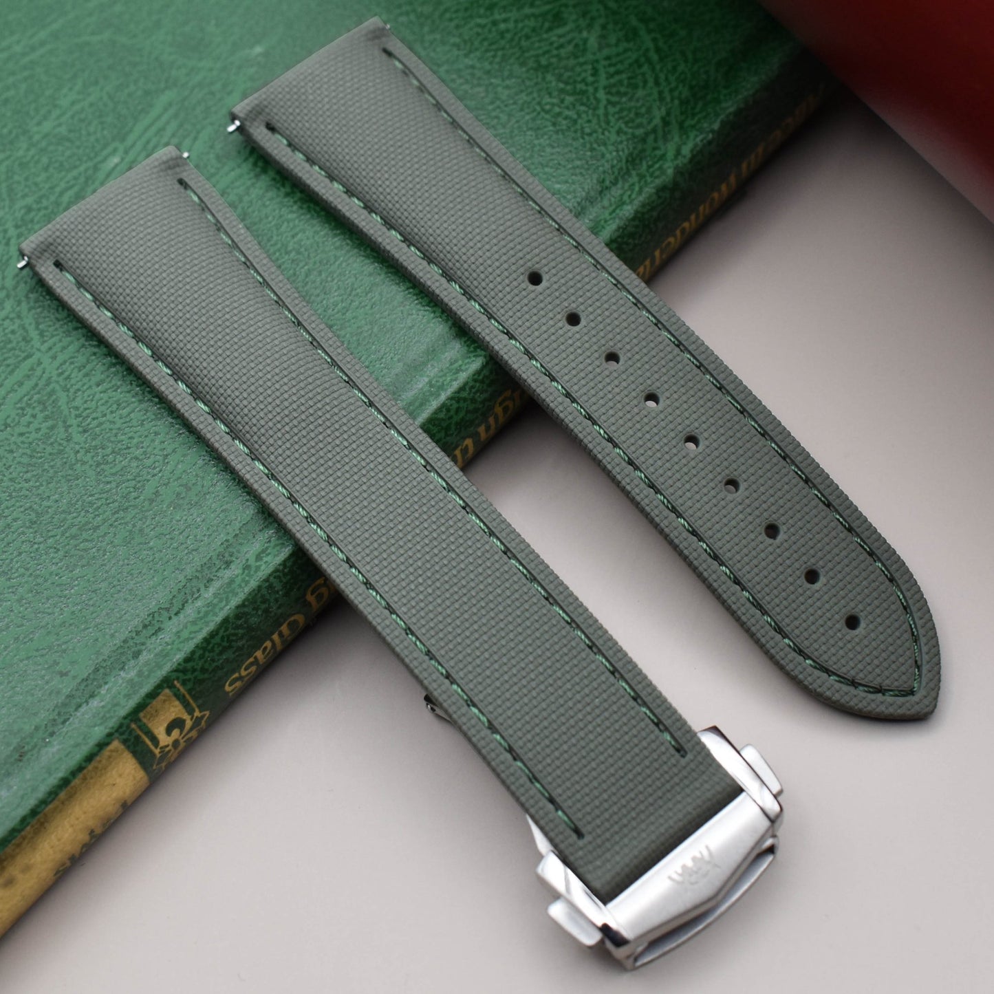 The Charleston: Khaki Green Sailcloth Effect FKM Rubber Deployant Strap