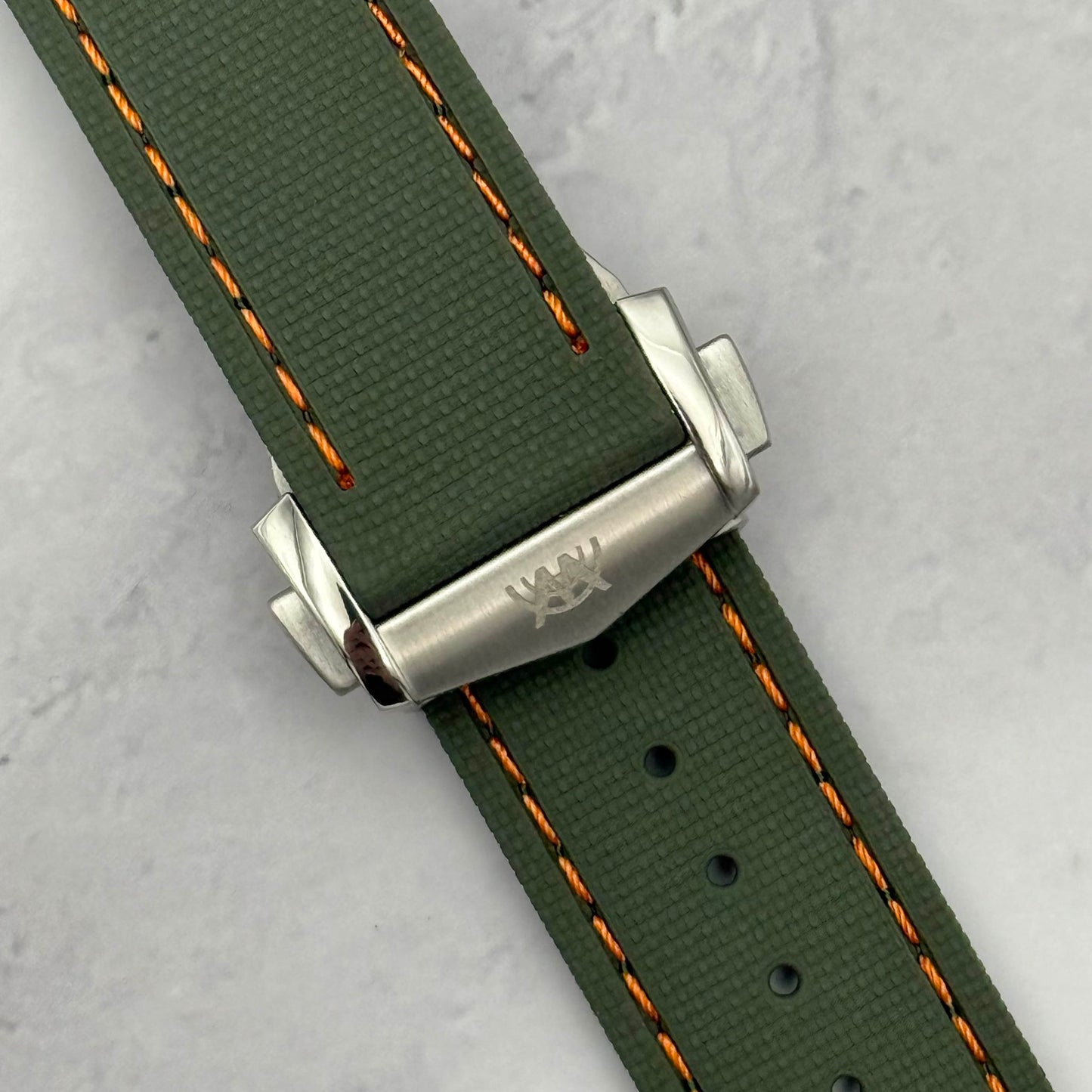 The Charleston: Green And Orange Sailcloth Effect FKM Rubber Deployant Strap