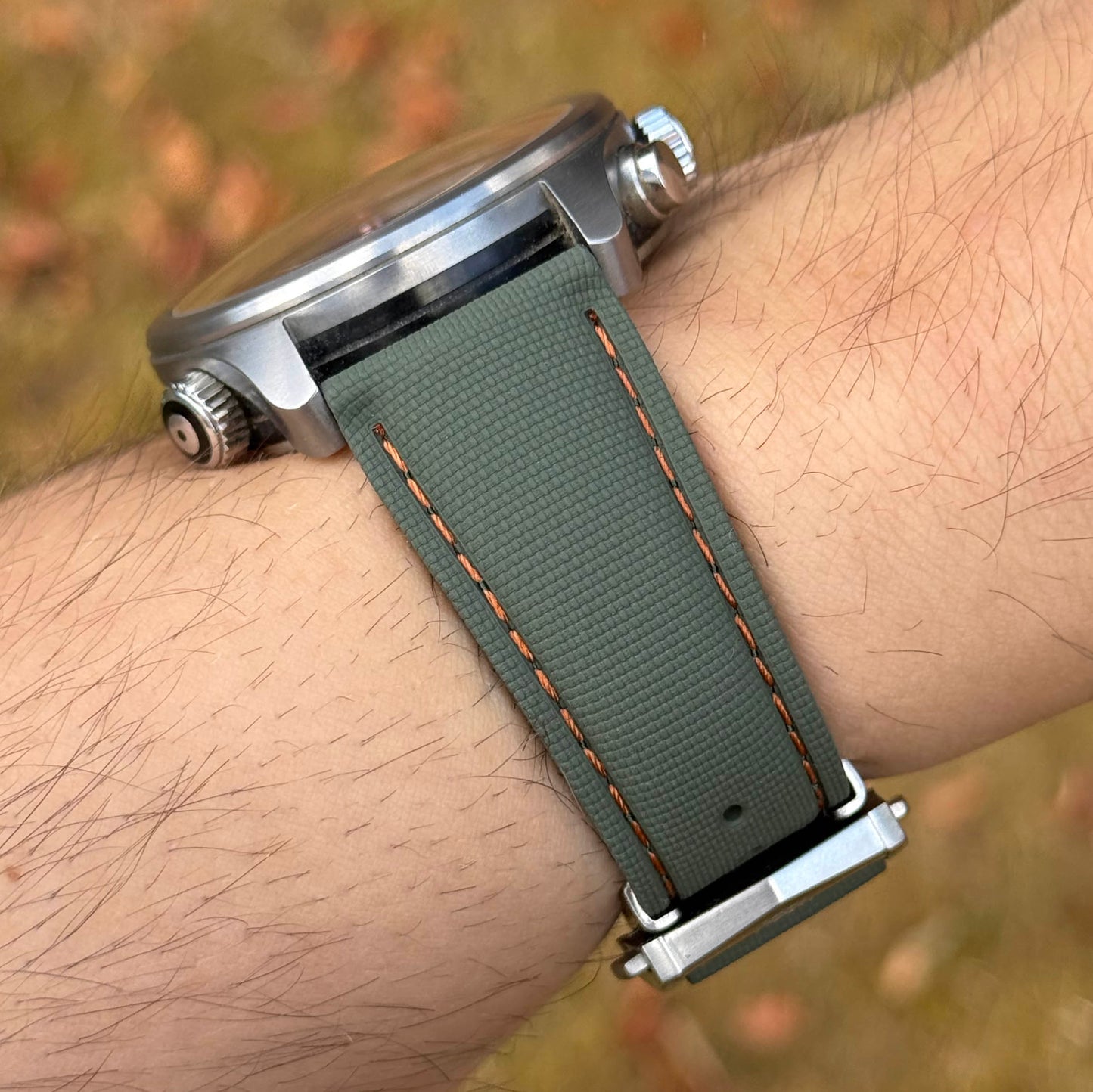 The Charleston: Green And Orange Sailcloth Effect FKM Rubber Deployant Strap