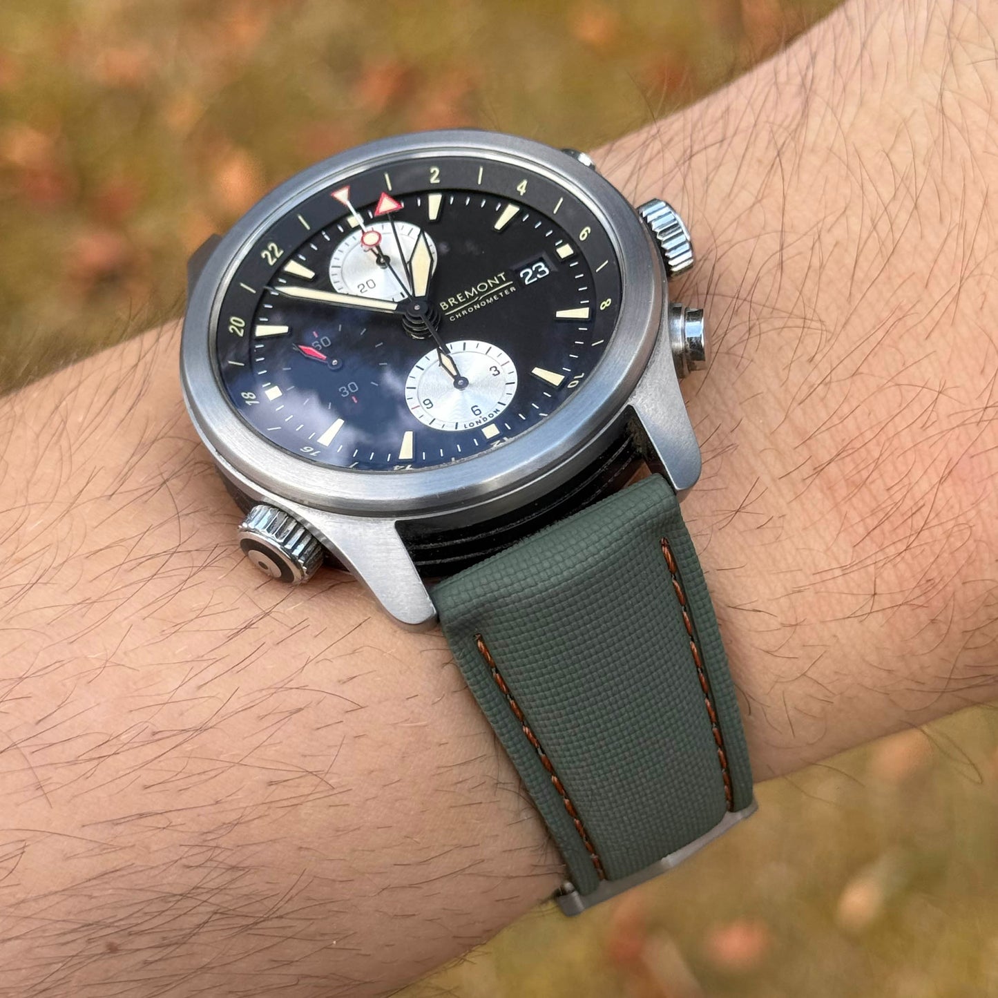 The Charleston: Green And Orange Sailcloth Effect FKM Rubber Deployant Strap