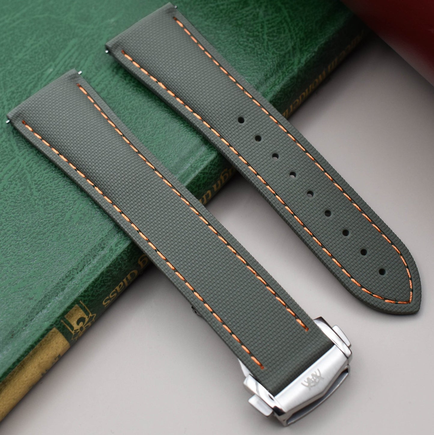 The Charleston: Green And Orange Sailcloth Effect FKM Rubber Deployant Strap
