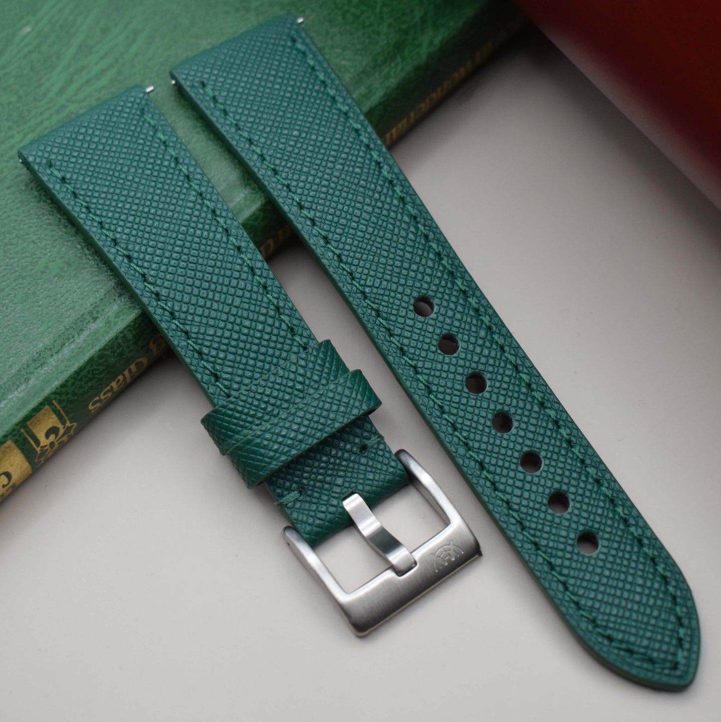 Florence emerald green saffiano leather watch strap. 316L stainless steel buckle. 18mm, 20mm, 22mm, 24mm. Watch And Strap.