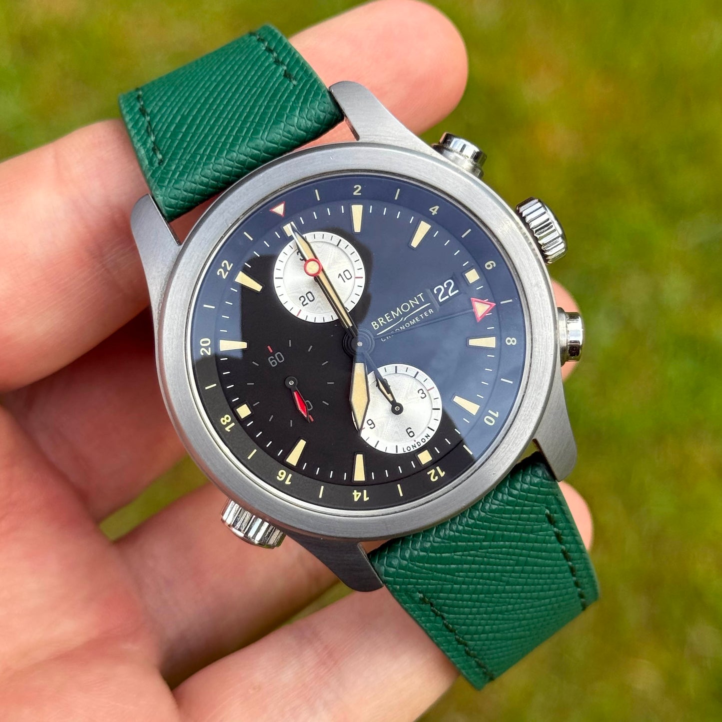 Wrist shot of the Florence emerald green saffiano leather watch strap. 18mm, 20mm, 22mm, 24mm. Watch And Strap
