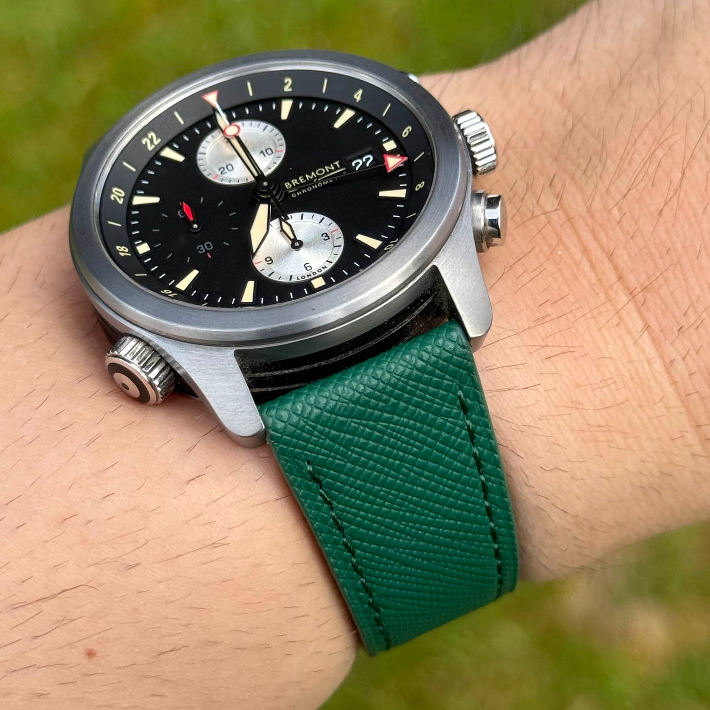 Wrist shot of the Florence emerald green saffiano leather watch strap. 18mm, 20mm, 22mm, 24mm. Watch And Strap