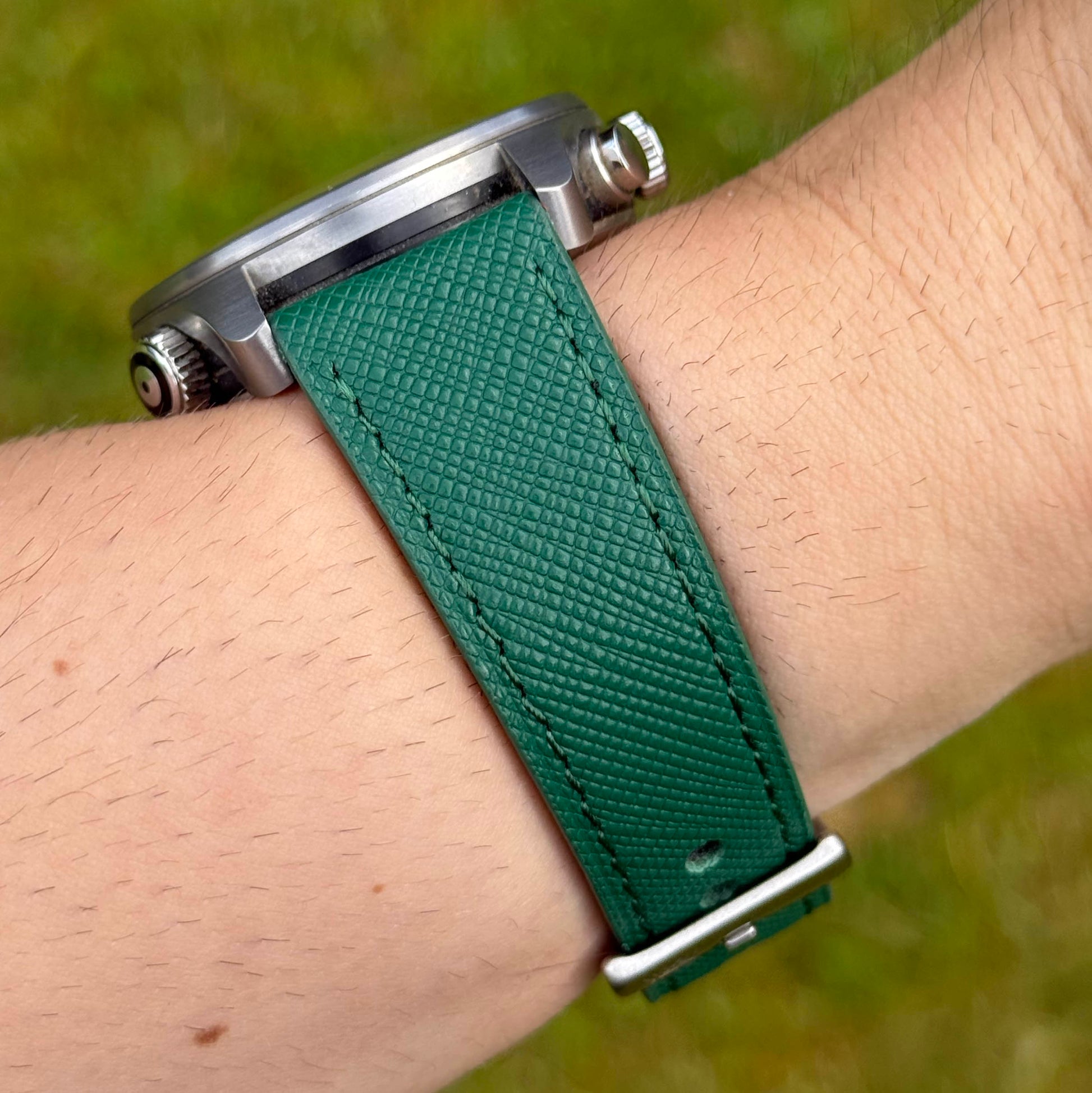 Wrist shot of the Florence emerald green saffiano leather watch strap. 18mm, 20mm, 22mm, 24mm. Watch And Strap