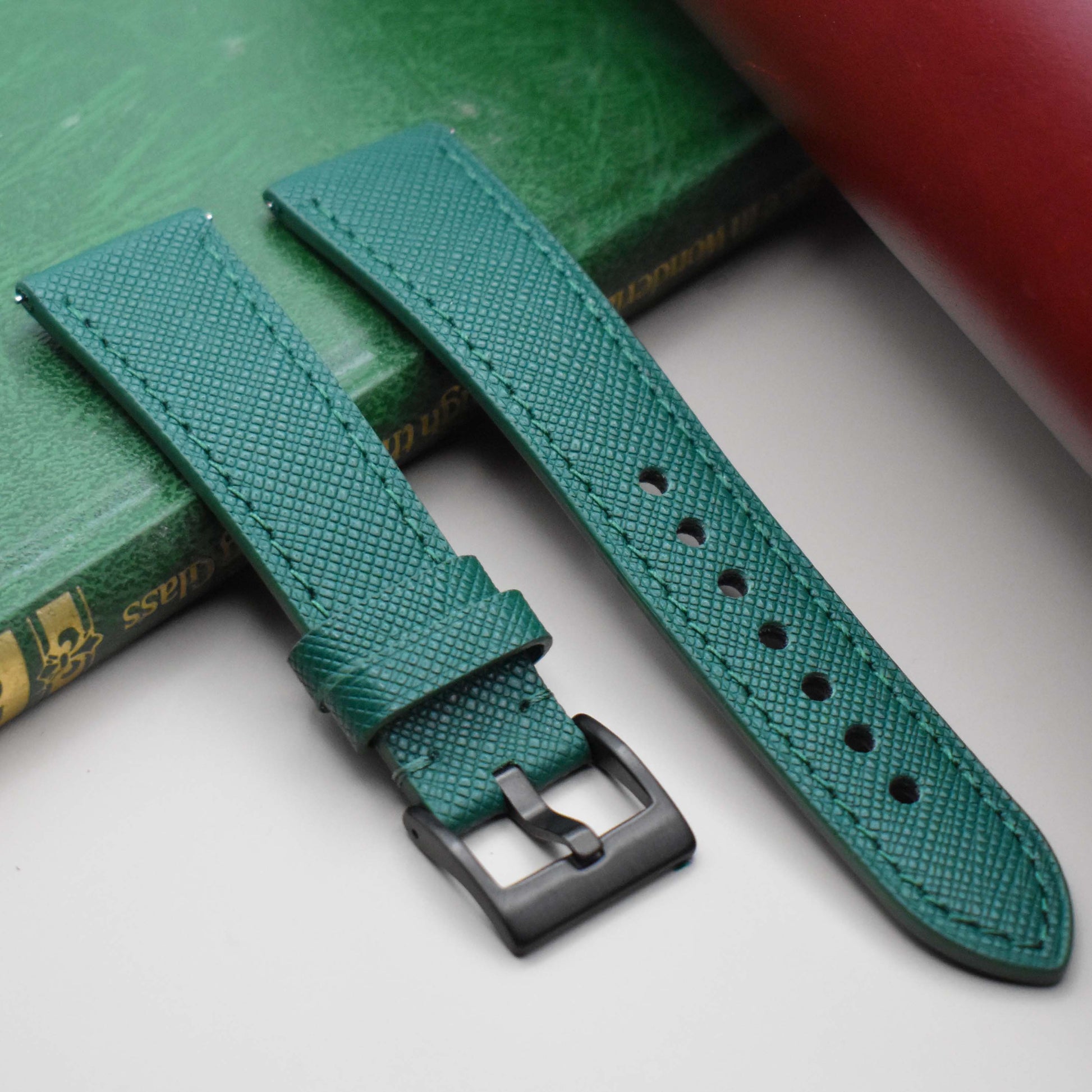 Florence emerald green saffiano leather watch strap. 316L stainless steel buckle. 18mm, 20mm, 22mm, 24mm. Watch And Strap.