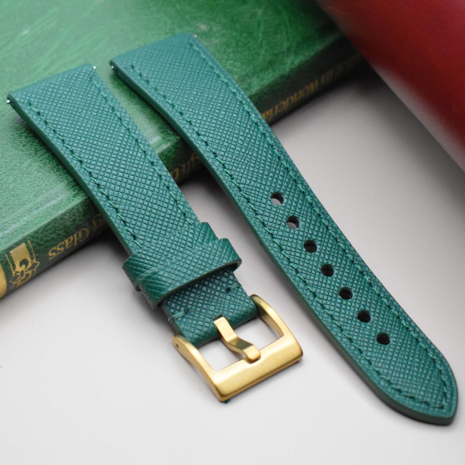 Florence emerald green saffiano leather watch strap. 316L stainless steel buckle. 18mm, 20mm, 22mm, 24mm. Watch And Strap.