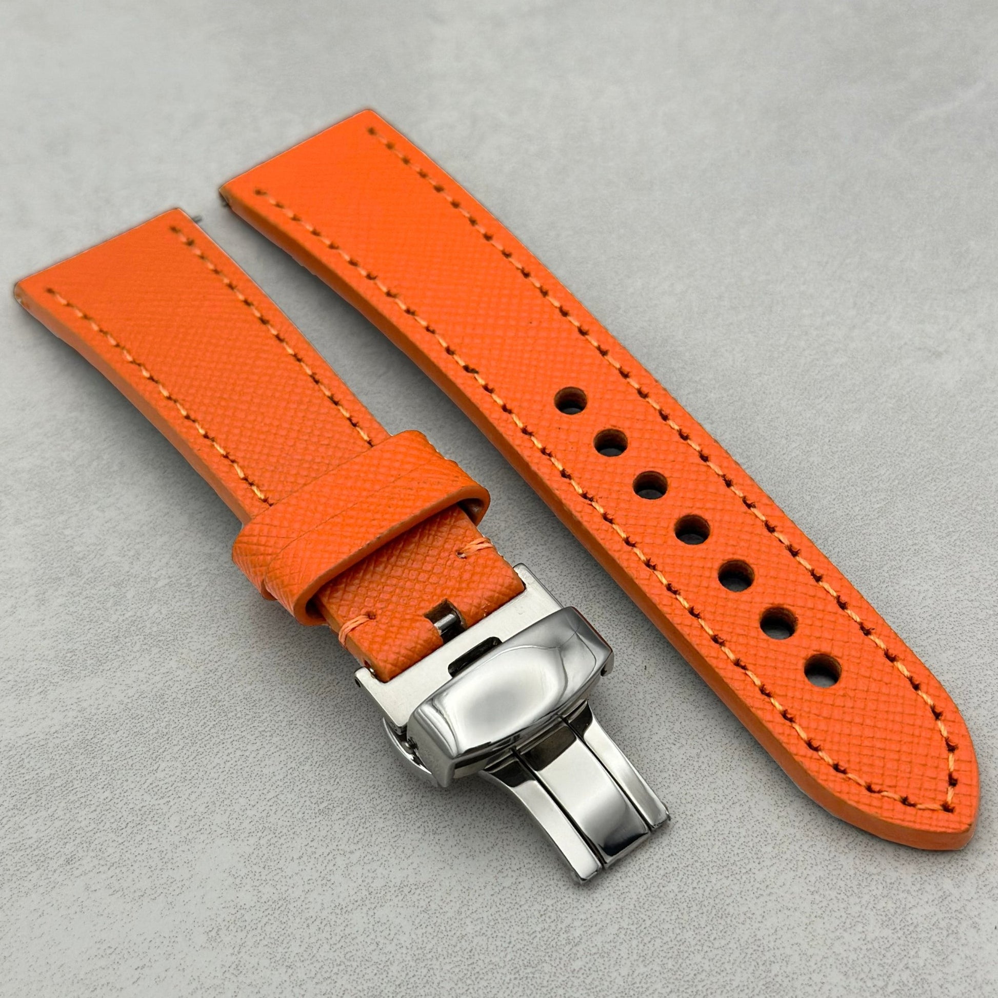 Florence orange leather Watch Strap. Polished Butterfly Clasp. Quick release pins. 18mm, 20mm, 22mm, 24mm. Watch And Strap
