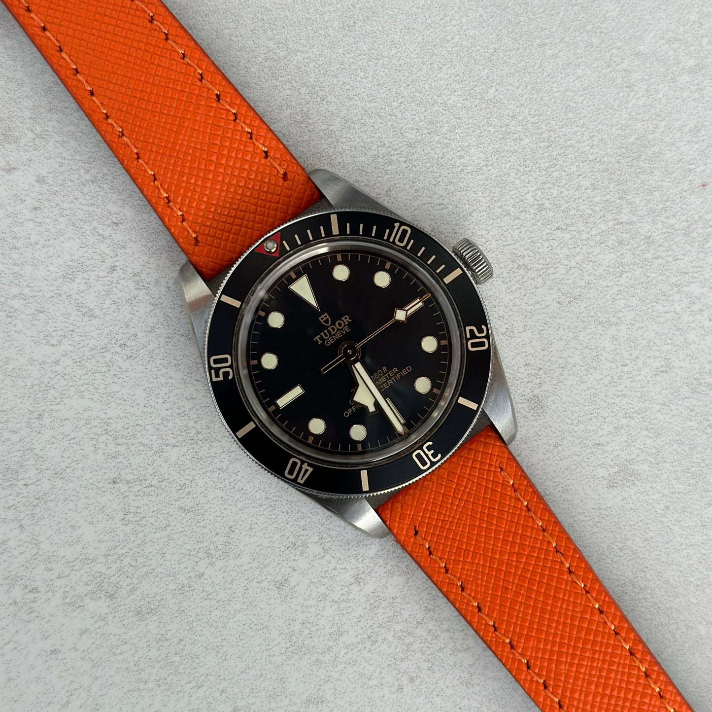 Florence orange Saffiano leather watch strap on the Tudor Blackbay 58. Watch And Strap
