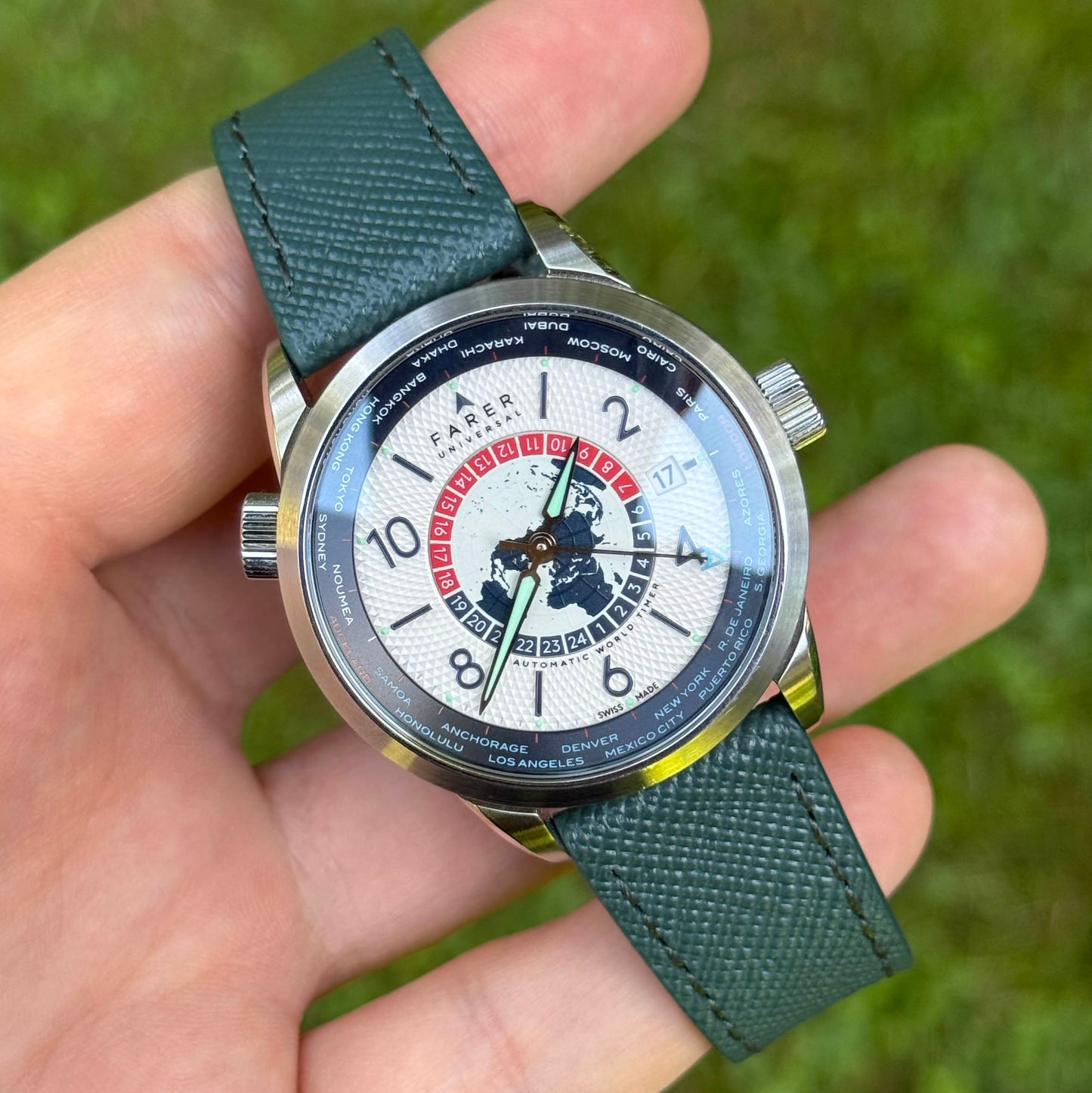 Wrist shot of the Florence teal Saffiano leather full grain leather watch strap. 18mm, 20mm, 22mm, 24mm. Watch And Strap.