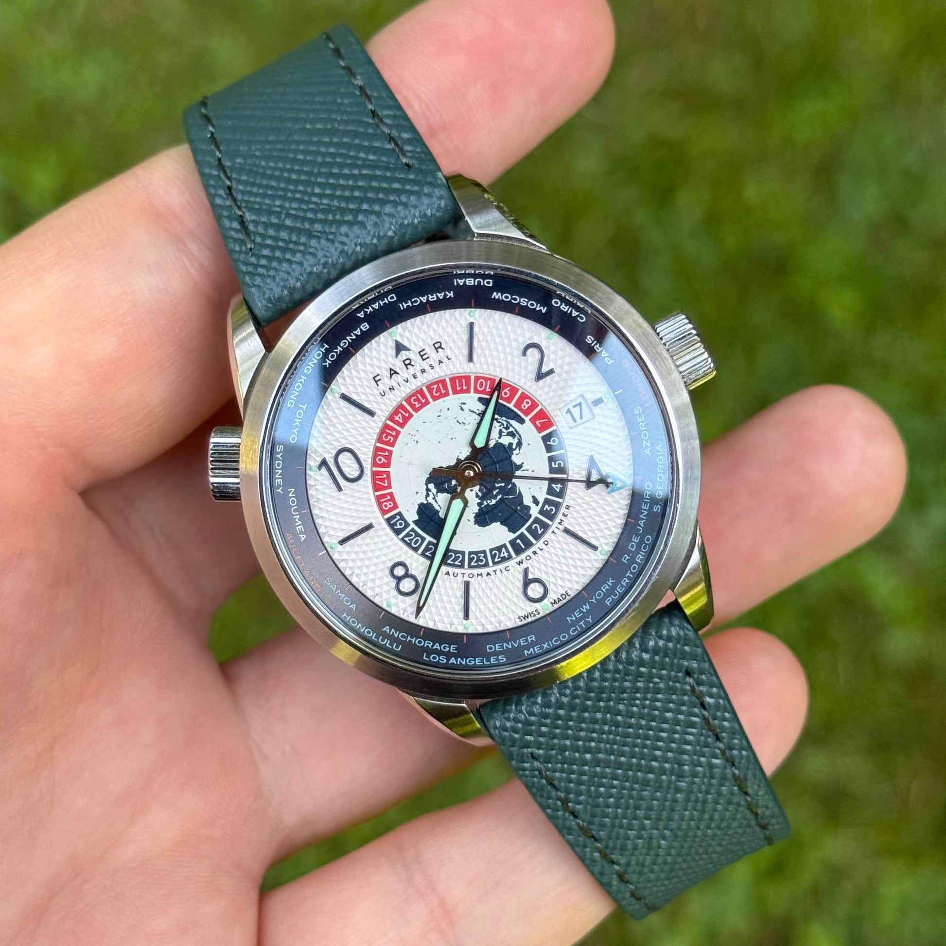 Wrist shot of the Florence teal Saffiano leather full grain leather watch strap. 18mm, 20mm, 22mm, 24mm. Watch And Strap.