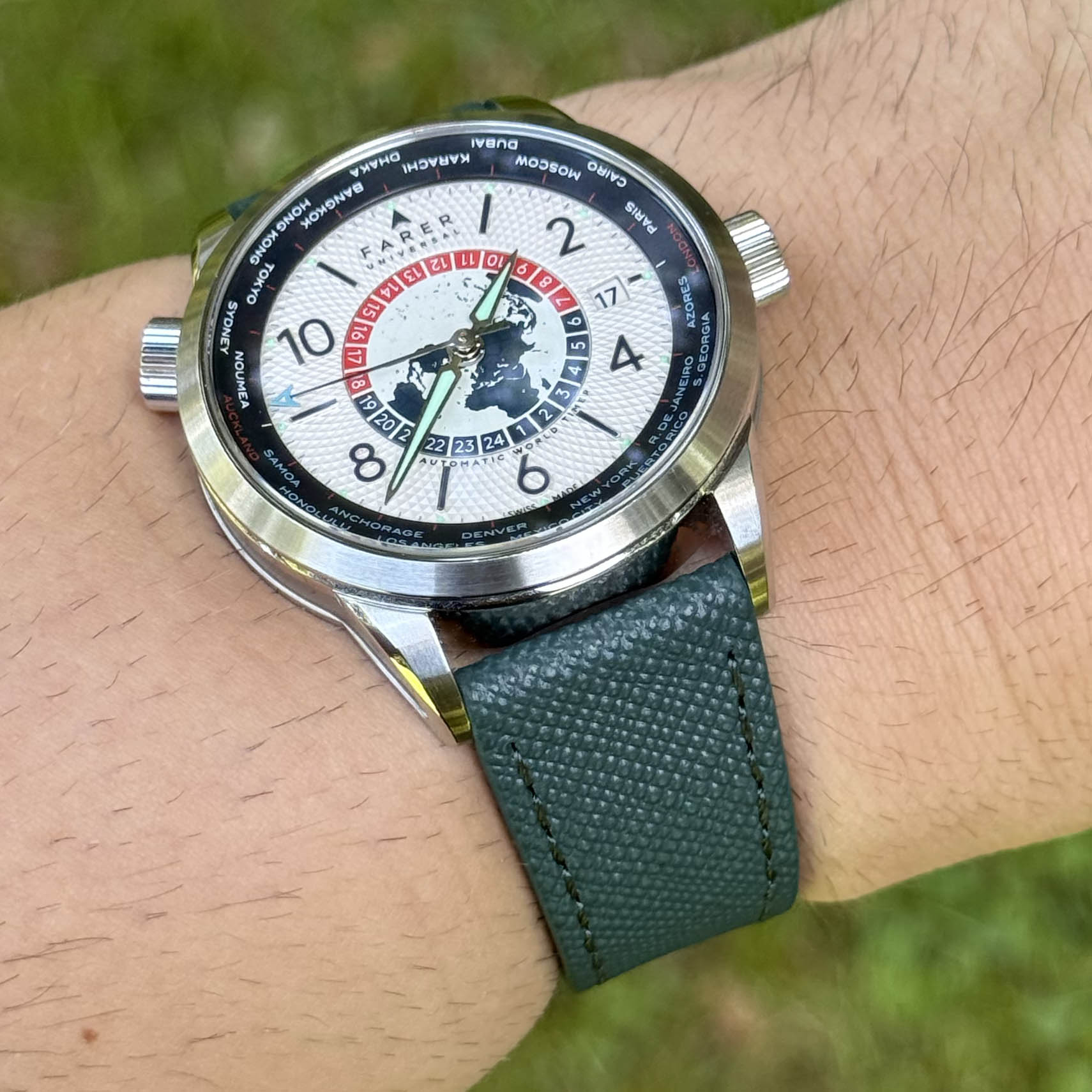 Wrist shot of the Florence teal Saffiano leather full grain leather watch strap. 18mm, 20mm, 22mm, 24mm. Watch And Strap.
