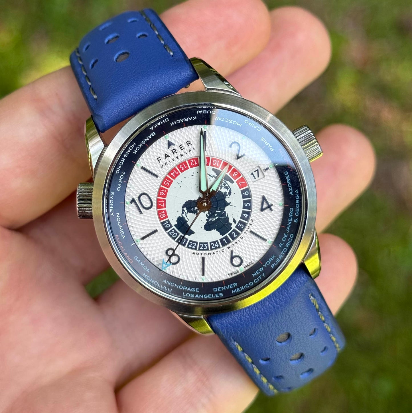 Le Mans blue and grey full grain leather watch strap on the Farer worldtimer. Perforated racing strap. 18mm, 20mm, 22mm, 24mm
