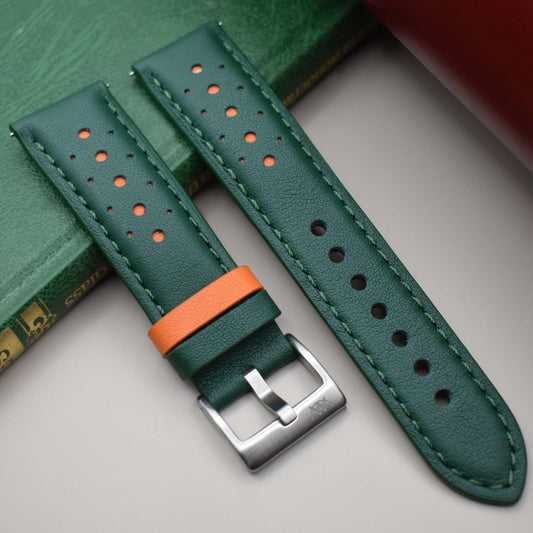 Green and orange full grain leather watch strap. Racing watch strap. 18mm, 20mm, 22mm, 24mm. Quick Release.