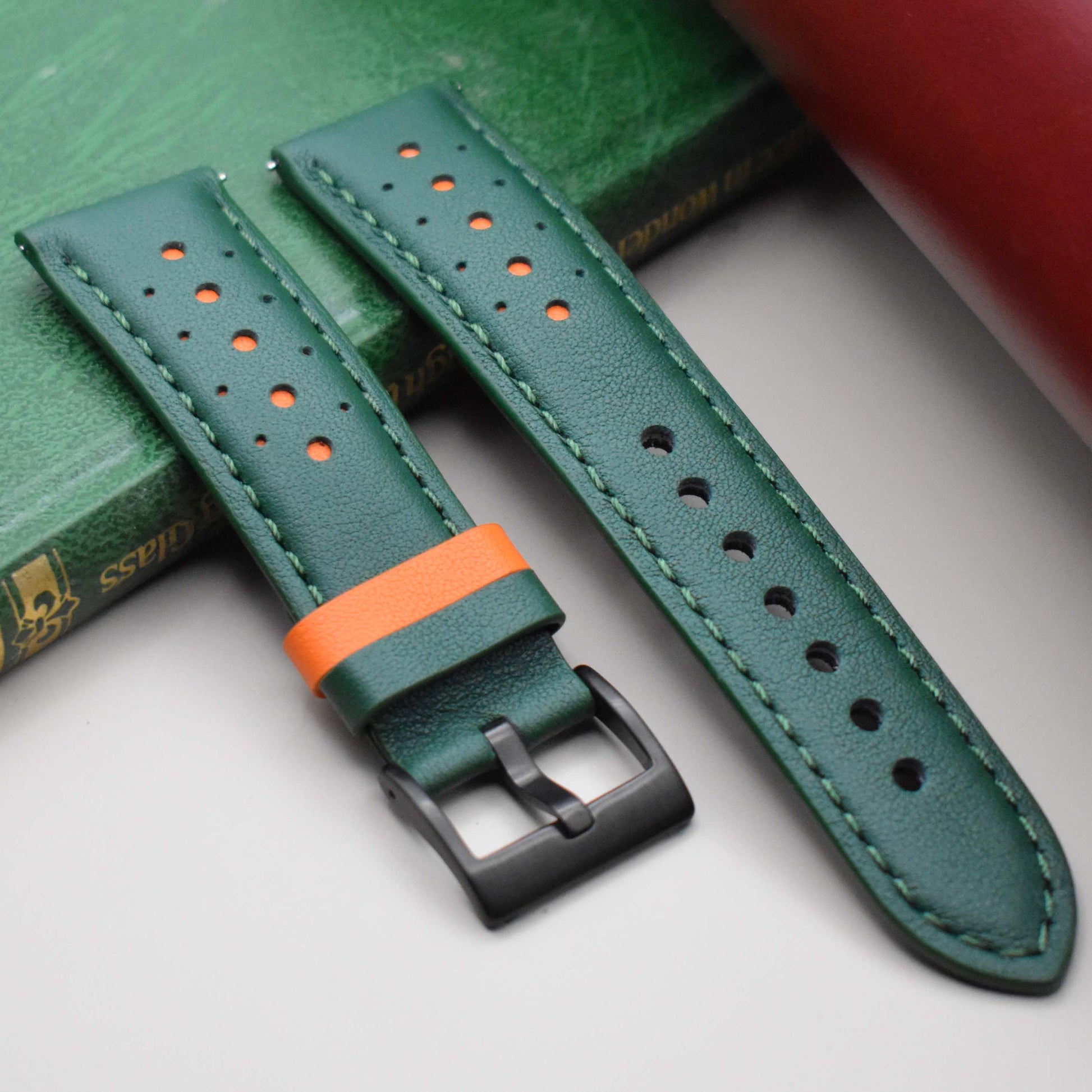 Green and orange full grain leather watch strap. Black Buckle. 18mm, 20mm, 22mm, 24mm. Quick Release.