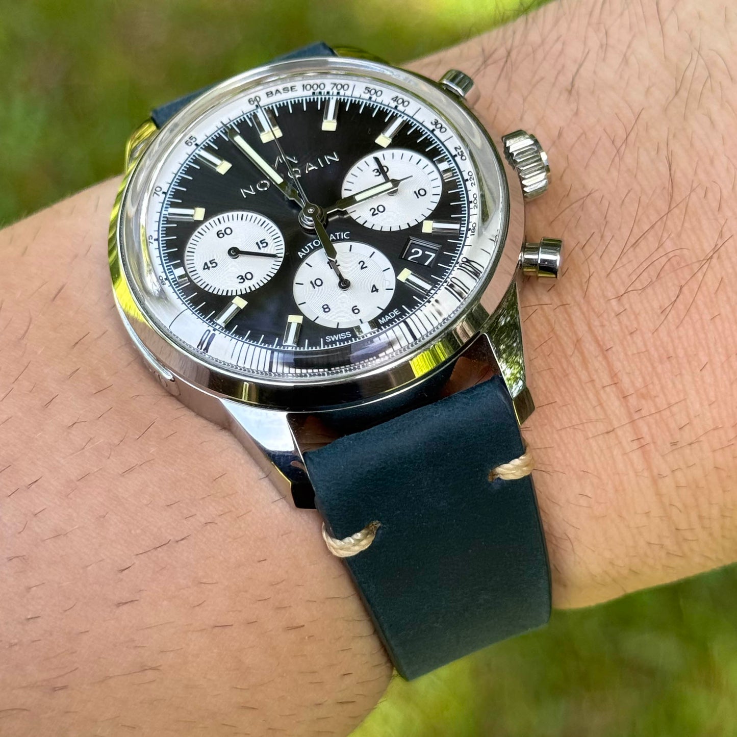 Wrist shot of the Madrid midnight blue full grain leather watch strap. 18mm, 19mm, 20mm, 21mm, 22mm, 24mm. Watch And Strap.