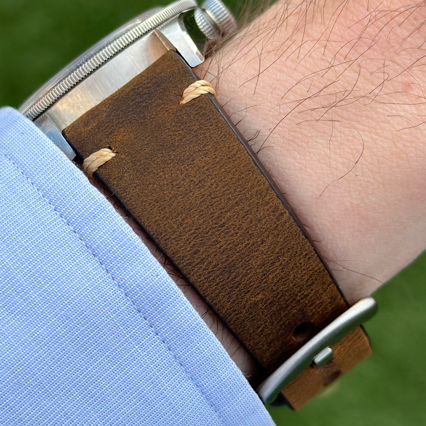 Madrid Chocolate Brown full grain horse leather watch strap. On the Tudor Blackbay 58. Contrast ivory stitching.