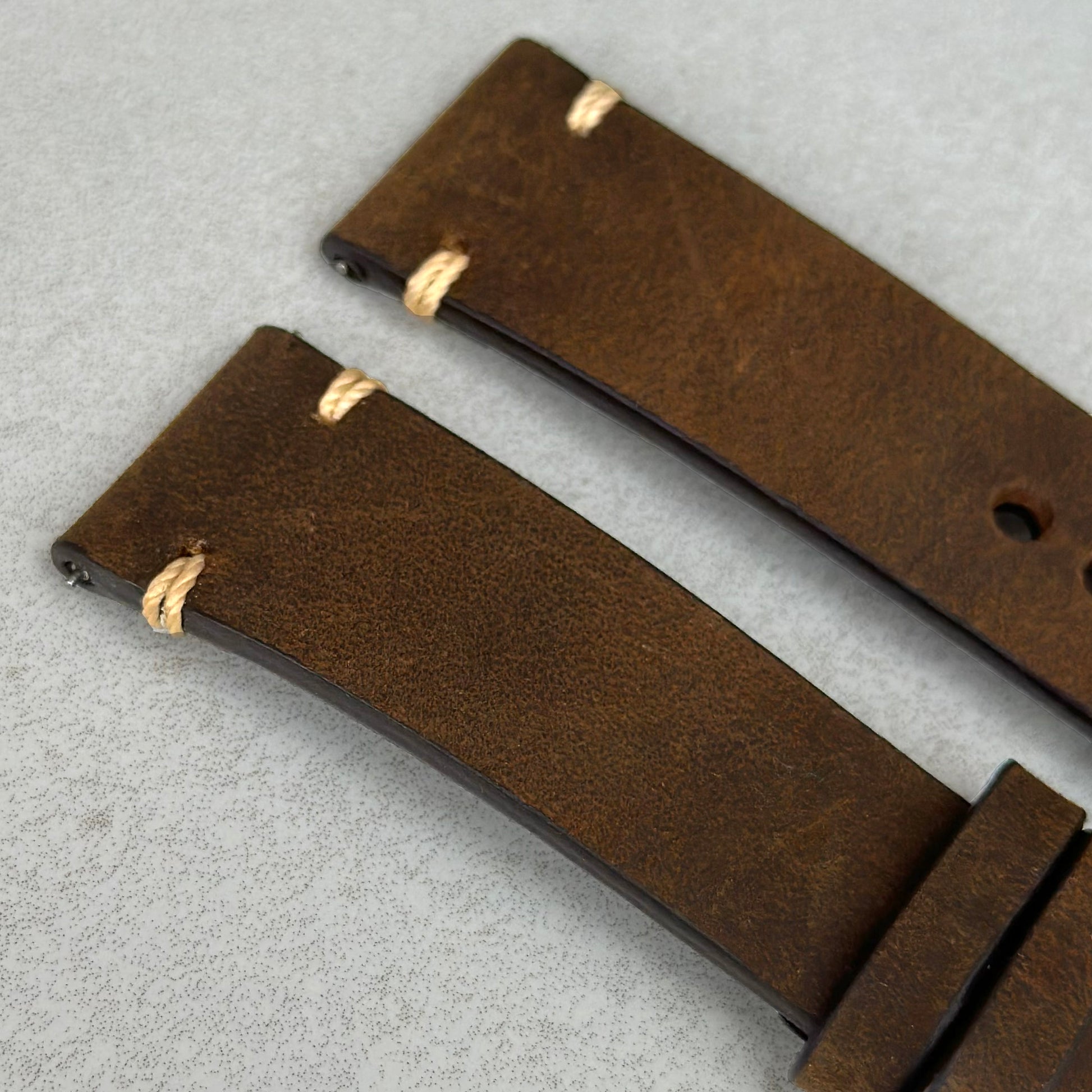 Top of the Madrid chocolate brown horse leather watch strap. Full grain leather. Contrast ivory stitching. Watch And Strap