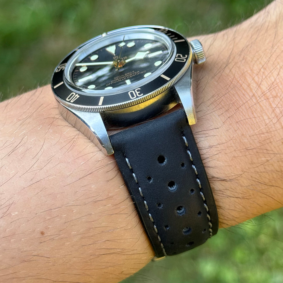 Jet Black Perforated Full Grain Leather Rally Watch Strap – Watch and ...