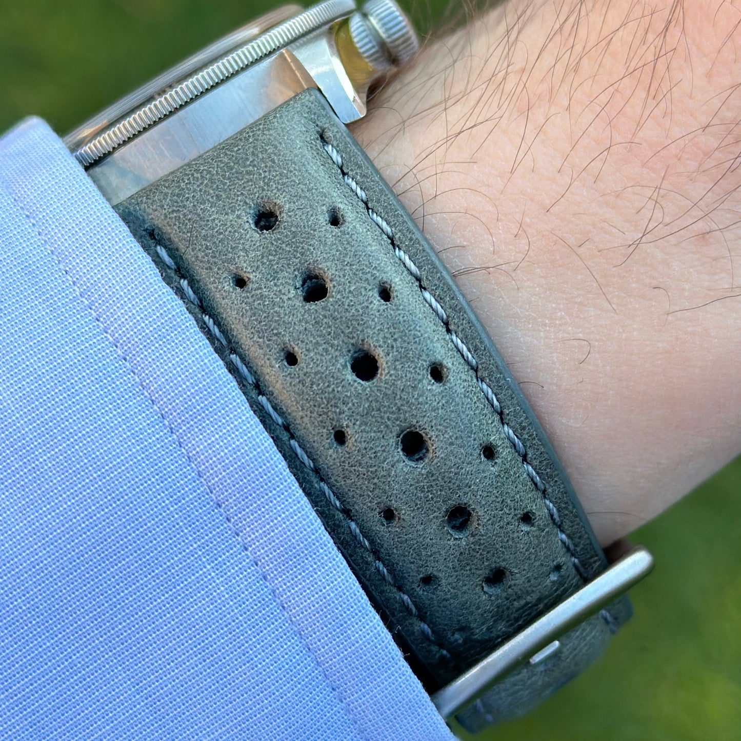 Wrist shot of the Montecarlo grey perforated leather watch strap. On the Tudor Blackbay 58. Watch And Strap.
